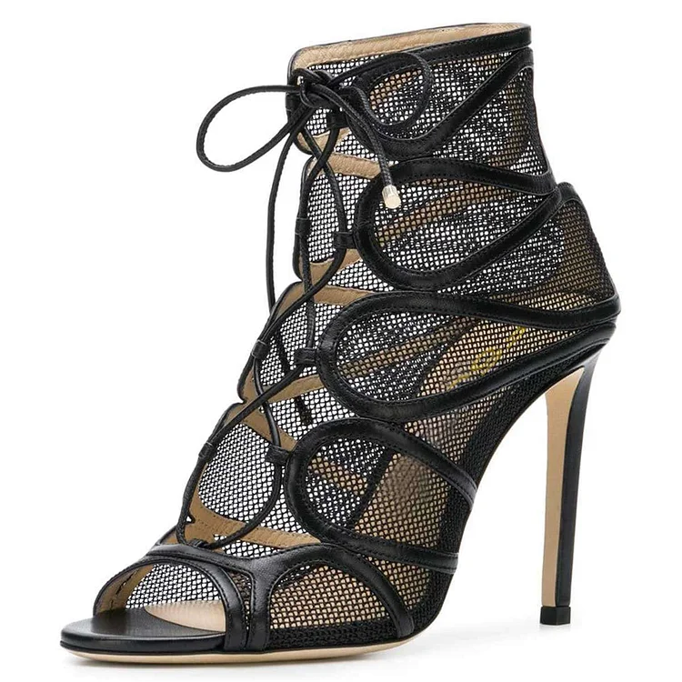 Black Nets Peep Toe Booties Lace Up Stiletto Heel Ankle Boots |FSJ Shoes