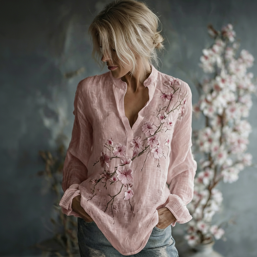 Linen Bohemian Embroidered Top Women's Loose Long Sleeve Peasant Blouse Ethnic Vintage Style Summer Casual Shirt - Helixace