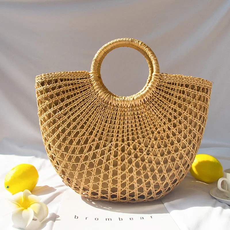 New Straw Bag Women Hand-Woven Hollow Handbag Moon Shape Rattan Bag Big Capacity Drawstring Handbag Casual Travel Beach Bag