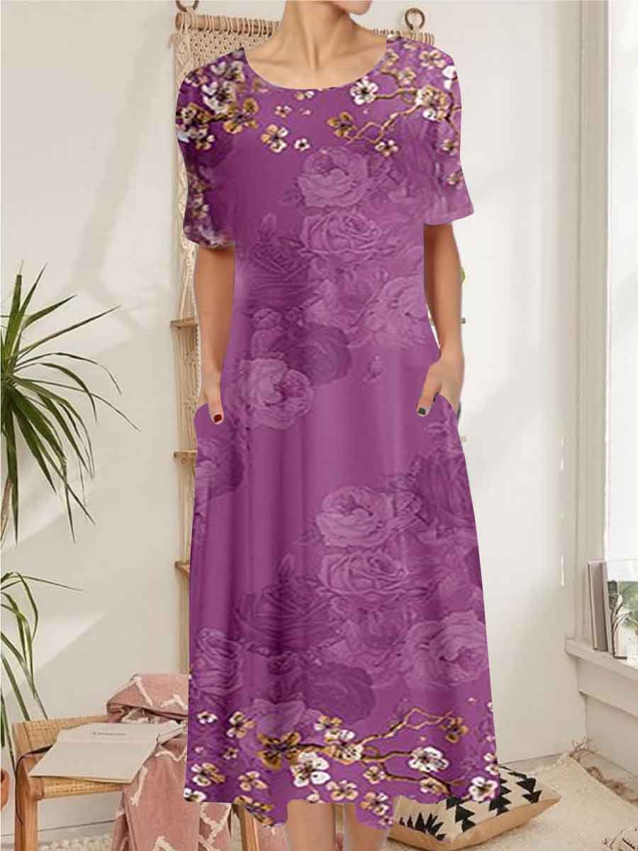 Women Half Sleeve V-neck Solid Color Dress