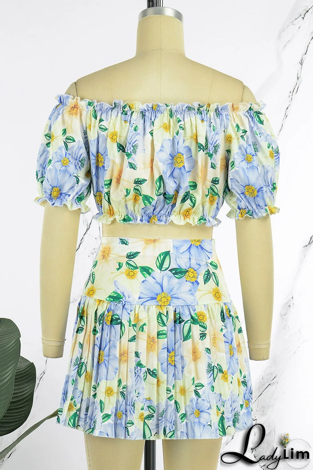 Yellow Sexy Print Patchwork Off the Shoulder Short Sleeve Two Pieces