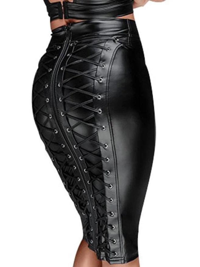Brownm gothic faux leather wrap midi skirt with lacing and back zip