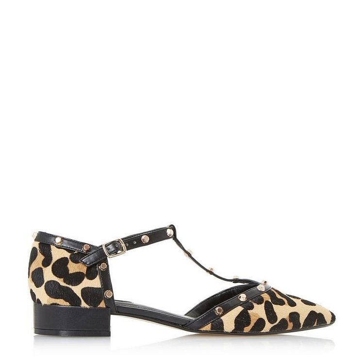 Women's Leopard Print Heels Chunky Heels T Strap Pumps with Rivets |FSJ Shoes