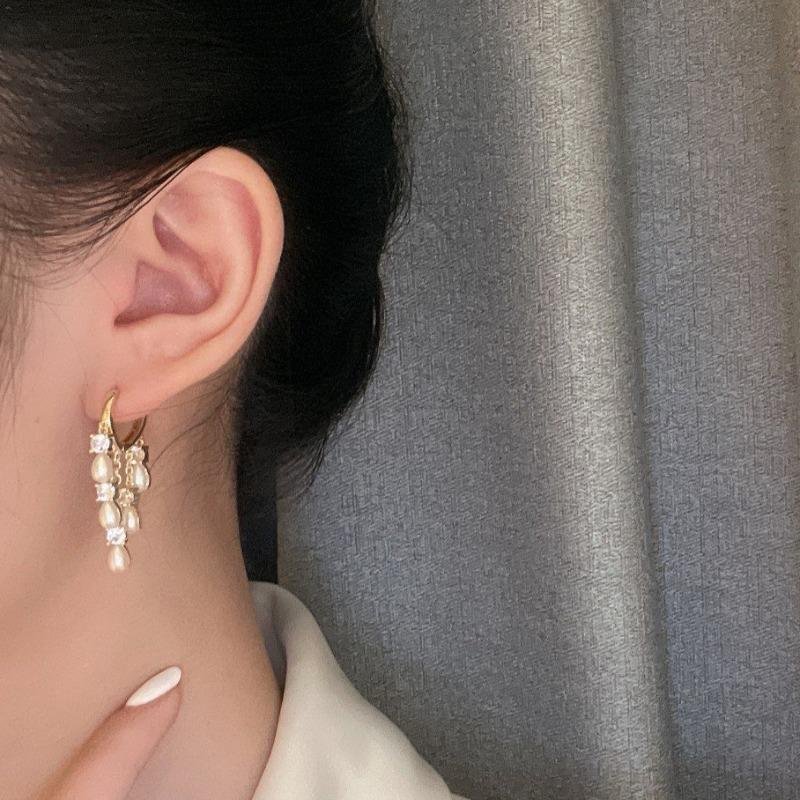 Diamond Tassel Pearl Drop Earrings