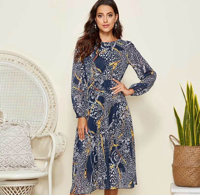 Jangj S.FLAVOR Leopard Print O Neck Chiffon Dresses For Women Autumn Long Sleeve Party Dresses Clothes Casual Beach Midi Sundress