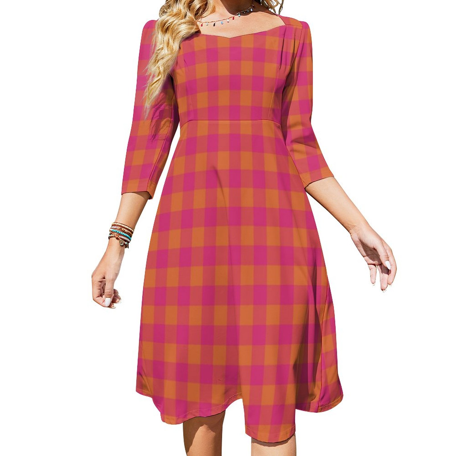Retro Buffalo Plaid Tartan Pattern Pink And Orange Dress Sweetheart Tie Back Flared 3/4 Sleeve Midi Dresses