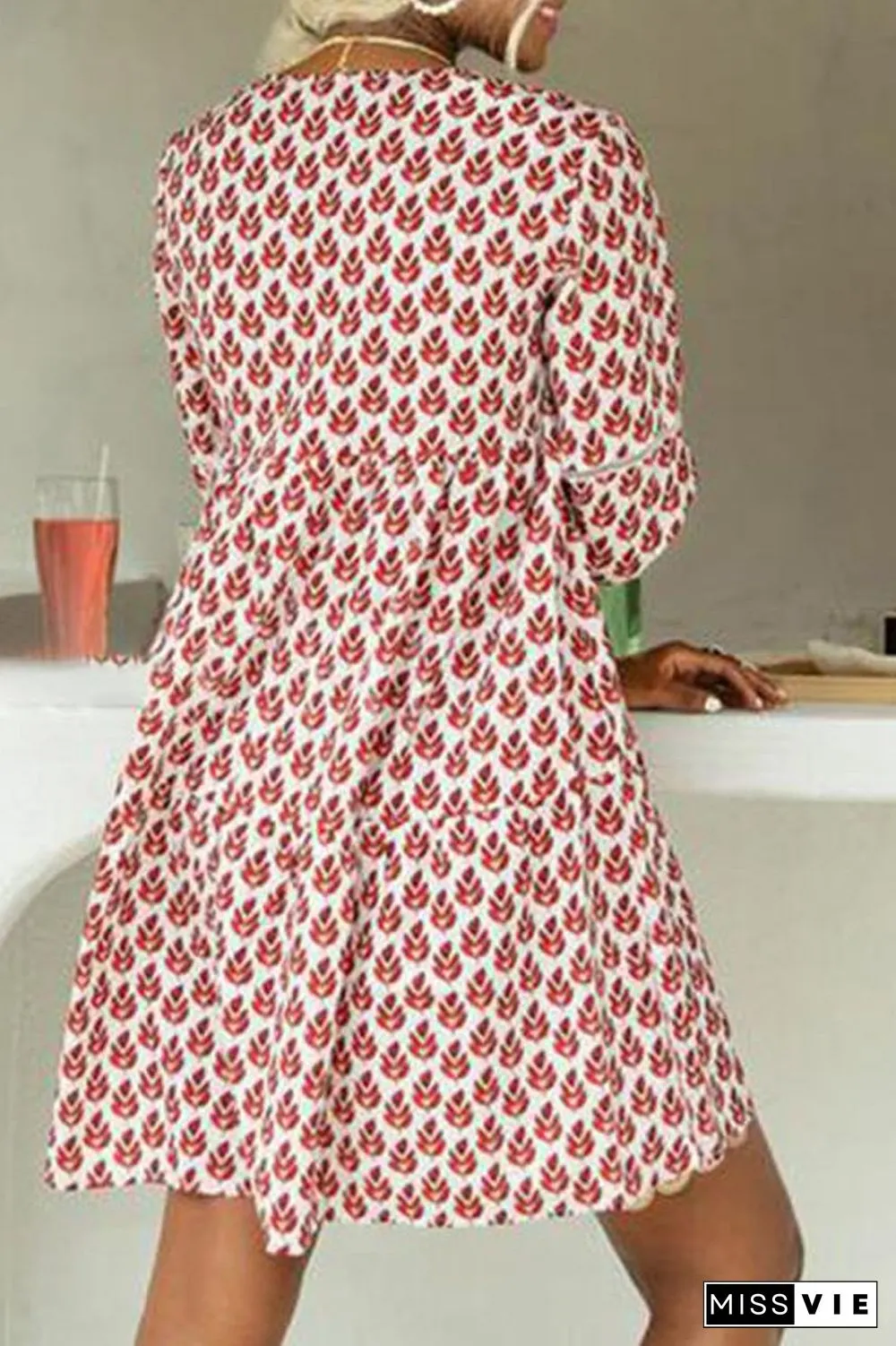 V-Neck Flare Three Quarter Sleeve Dress