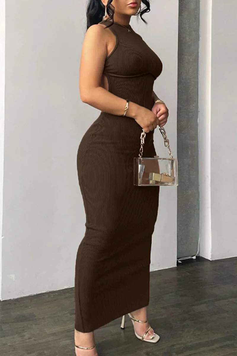 Coffee Fashion Sexy Solid Backless O Neck Sleeveless Dress Dresses