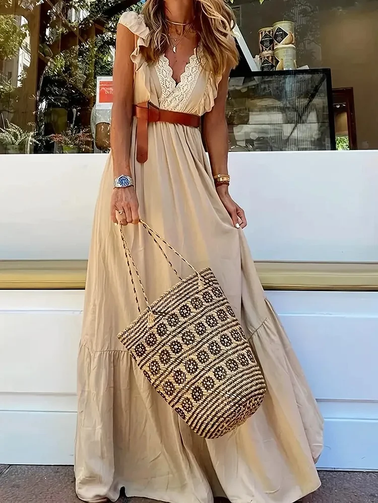 Elegant Lace V-neck Short Sleeve A Line Maxi Dress