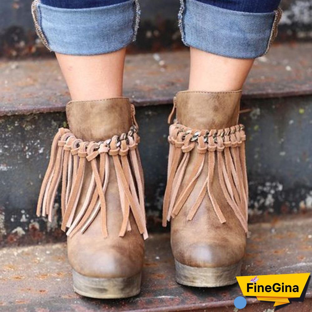 Wedge Booties Artificial Leather Tassel Boots Wedge Heel Zipper Shoes