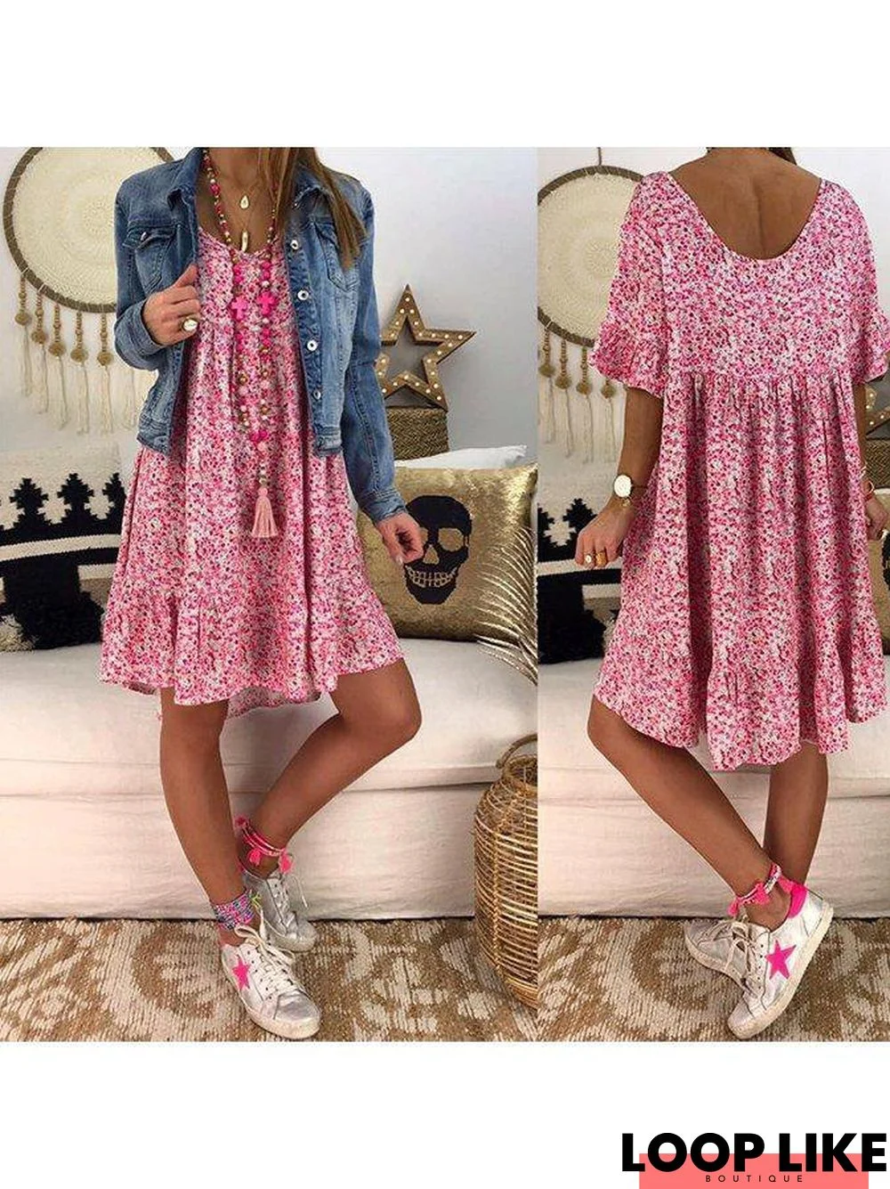 Red Floral Casual Short Sleeve Ruffled Weaving Dress