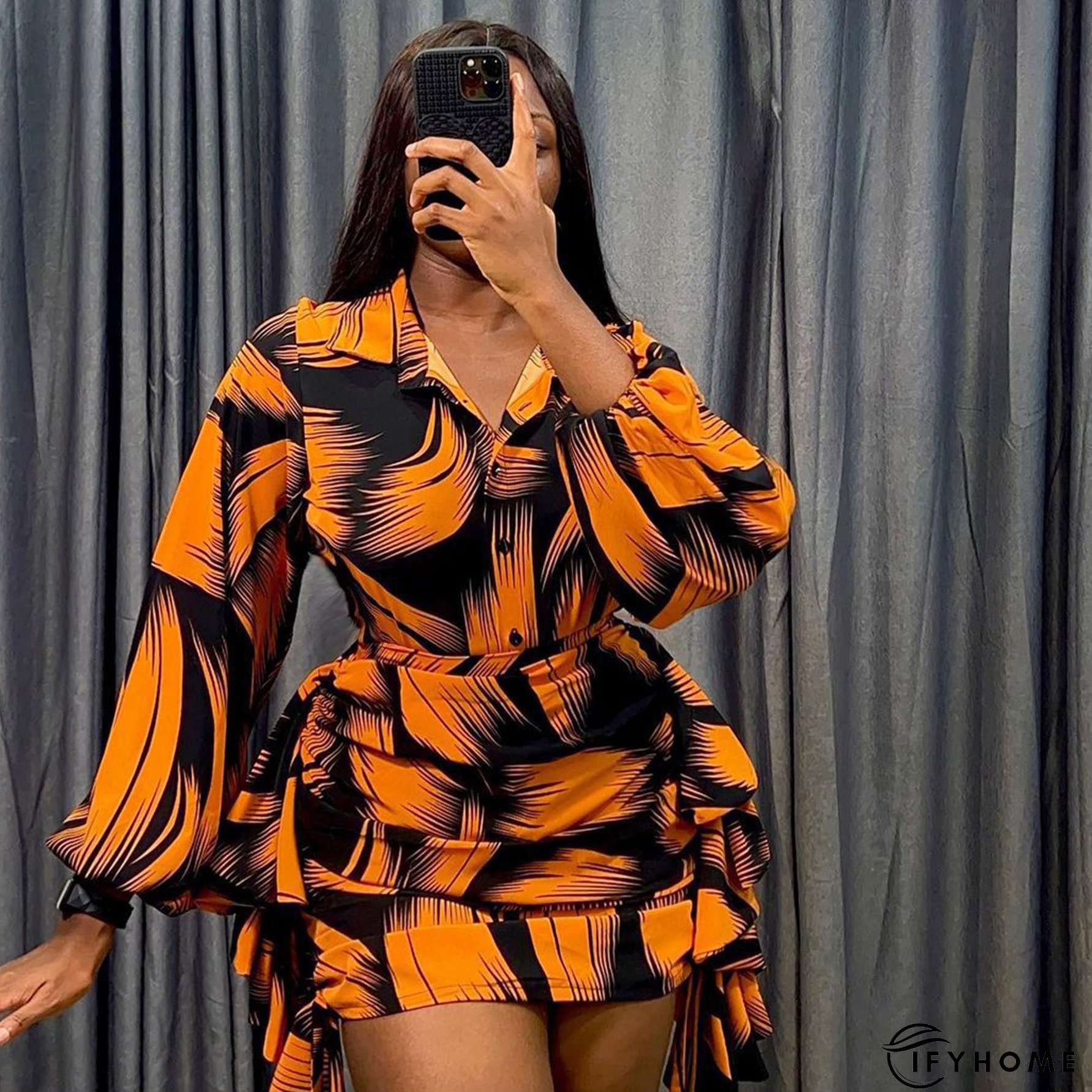 Printed Puff Sleeve Shirt Short Skirt Plus Size Two-Piece Set | IFYHOME