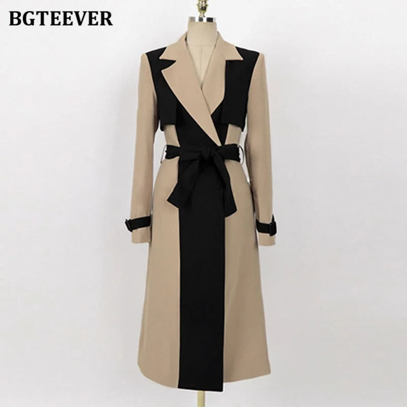 BGTEEVER Elegant Notched Collar Ladies Patchwork Windbreaker Full Sleeve Buttons Belted Women Long Trench Coats 2021 Winter
