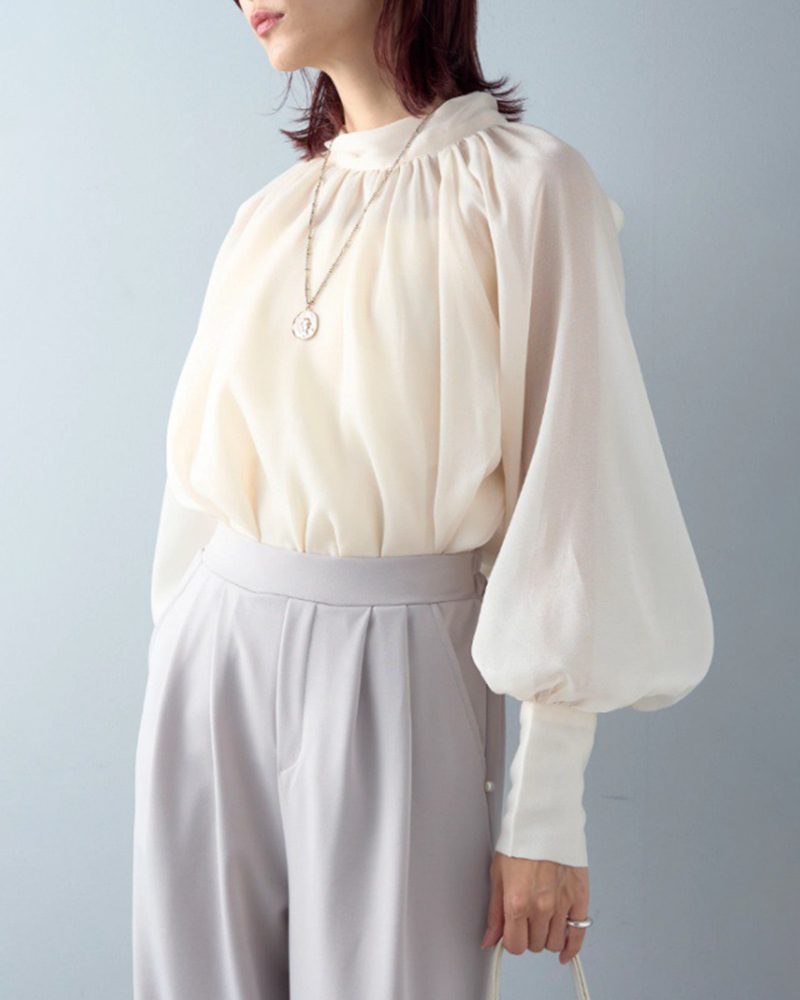 Bow Tie Puffed Sleeve Solid Color Shirt