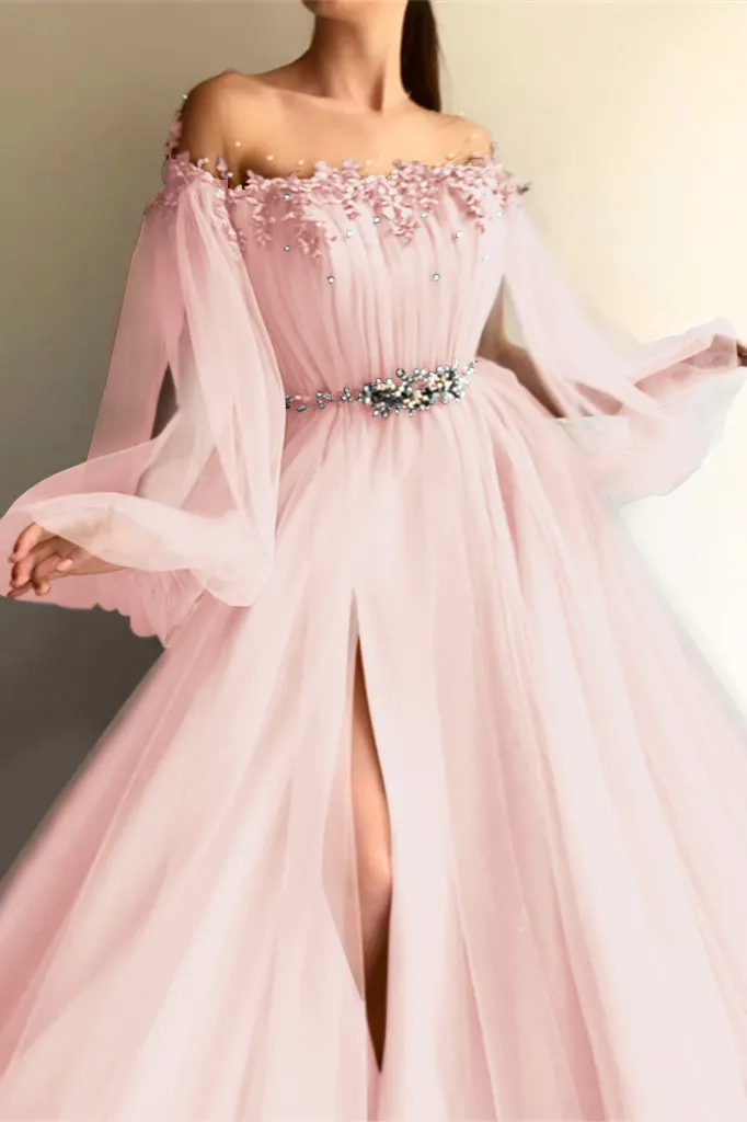Chic Off-the-Shoulder Long Sleeves Elegant Evening Dresses With Beads