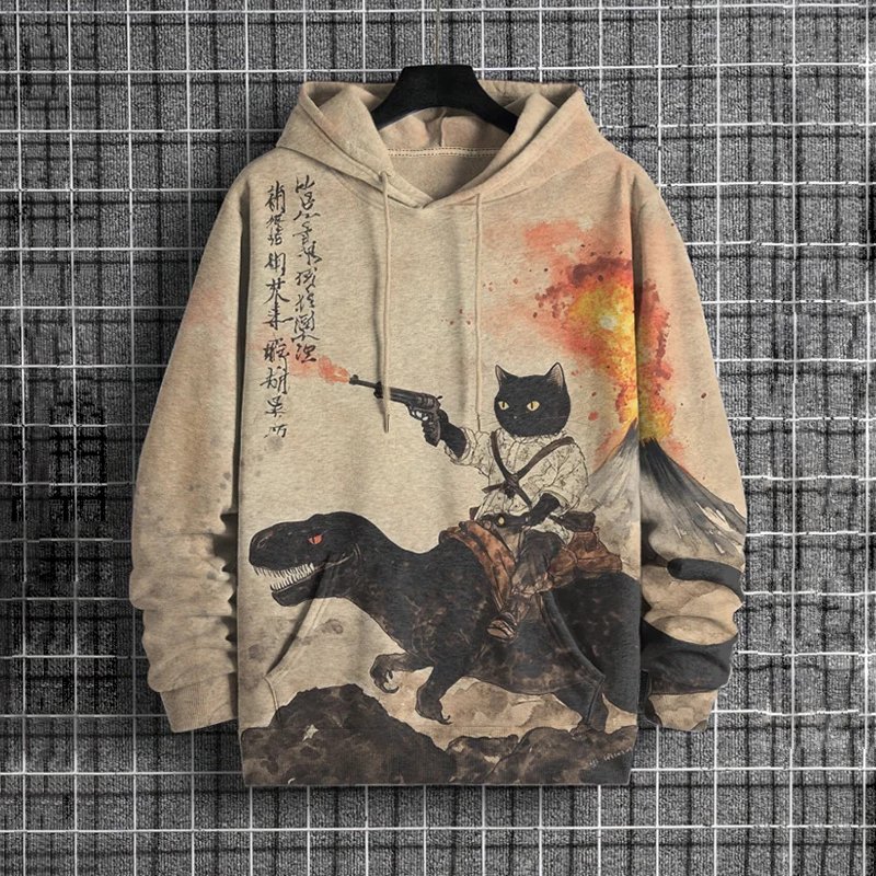 Men's Retro Calligraphy Cat Dinosaur Volcanic Eruption Art Print Hooded  artssus