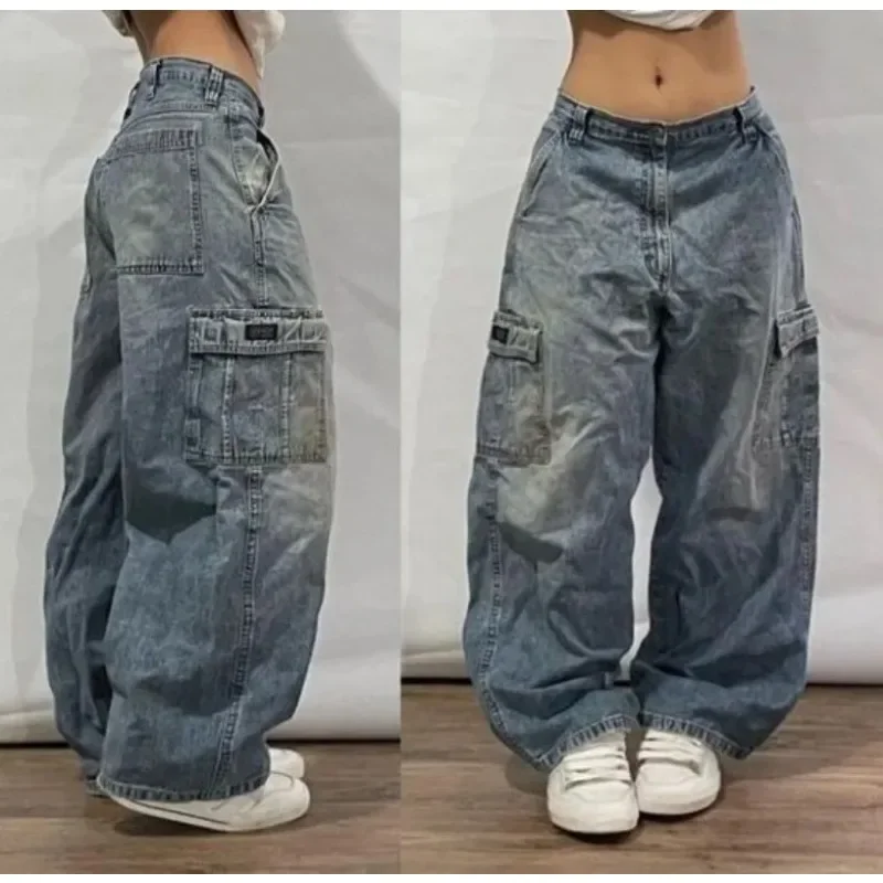 Aonga Y2K Street Jeans Hip-hop Letter Embroidery 90s Classic Retro Loose Jeans and Trousers Men and Women High Waist Wide-leg Pants aonga