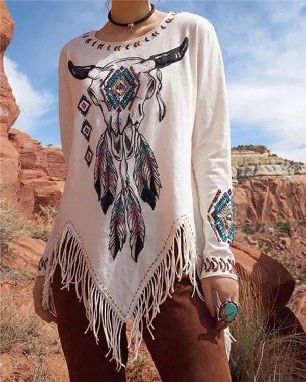 Emboridery Printed Tassels Hem Design Casual Round Neck Shirts & Tops