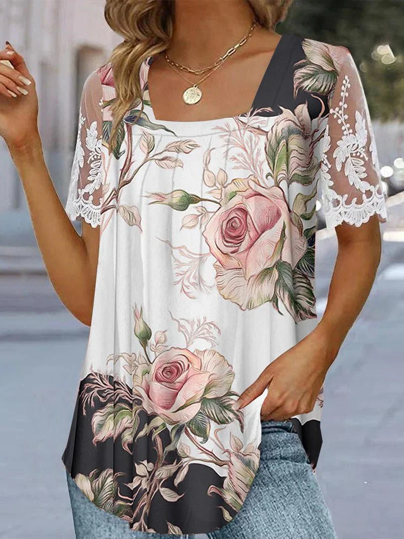Women Short Sleeve U-neck Floral Printed Lace Stitching Tops