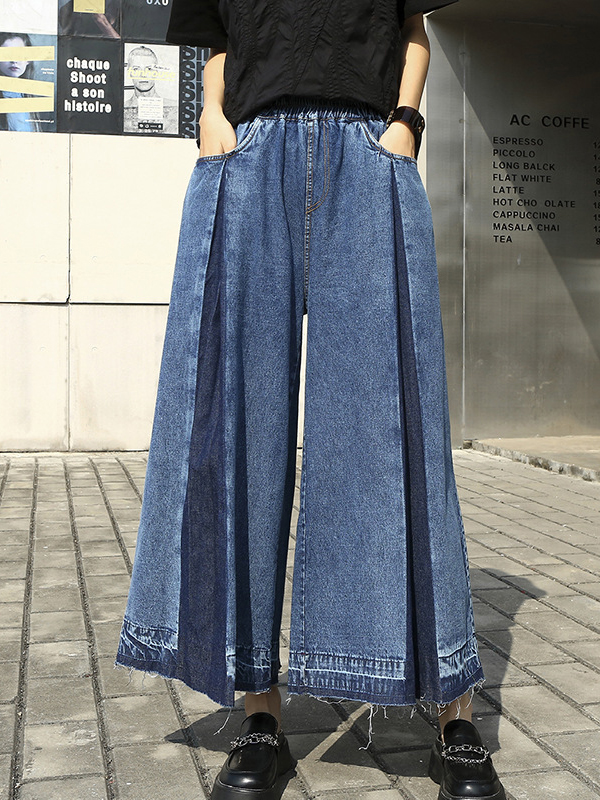 Elasticity Fringed Pleated Loose Wide Leg Jean Pants Bottoms