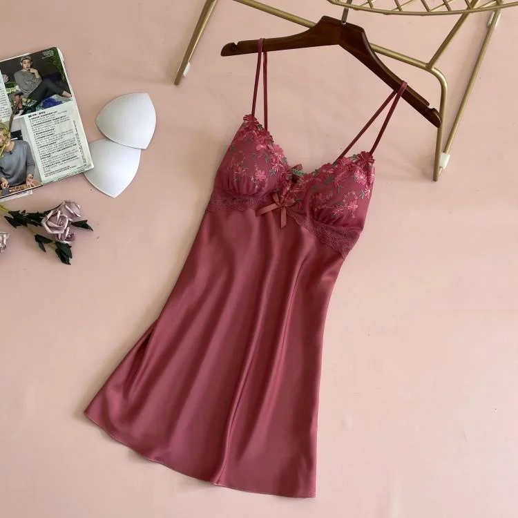 Uaang Lace Satin Nightdress Lady Strap Backless Nighty Gown Summer Sleeveless With Chest Pads Nightgown Sleepshirt Lounge Sleep Dress