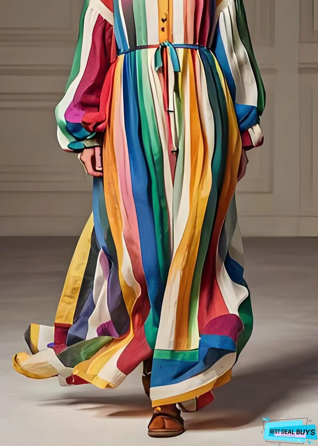 Stylish Colorblock U Neck Patchwork Cotton Dresses Lantern Sleeve