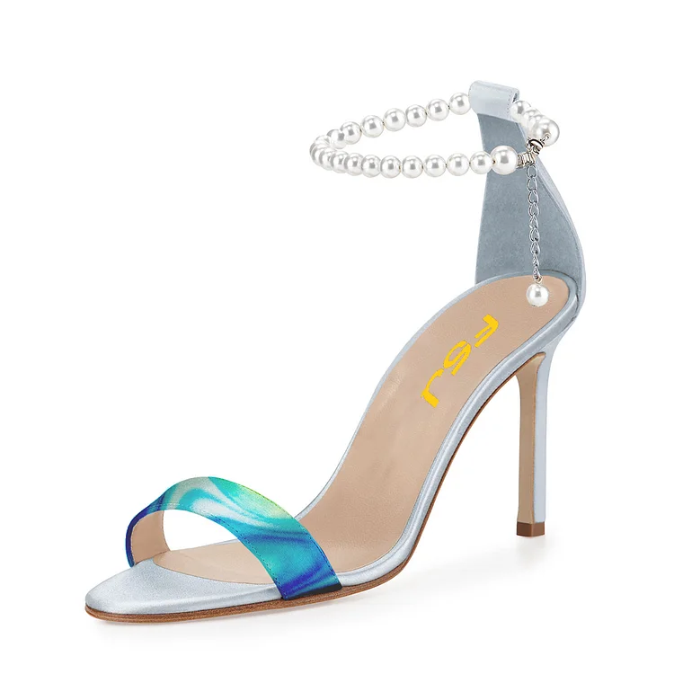 Blue 4 Inch Heels Prom Shoes Pearl Ankle Strap Sandals |FSJ Shoes