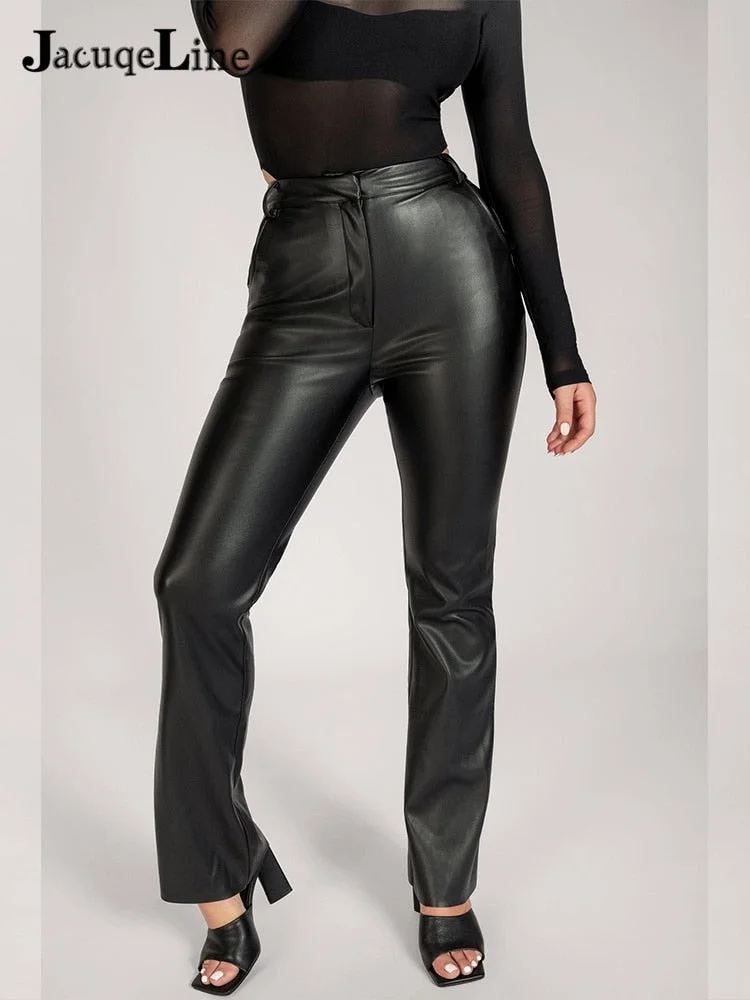 Jacuqeline 2021 PU Leather Women Pants High Waist Pants Vintage Brwon Elegant Lady Clothing Straight Long Trousers Autumn Winter
