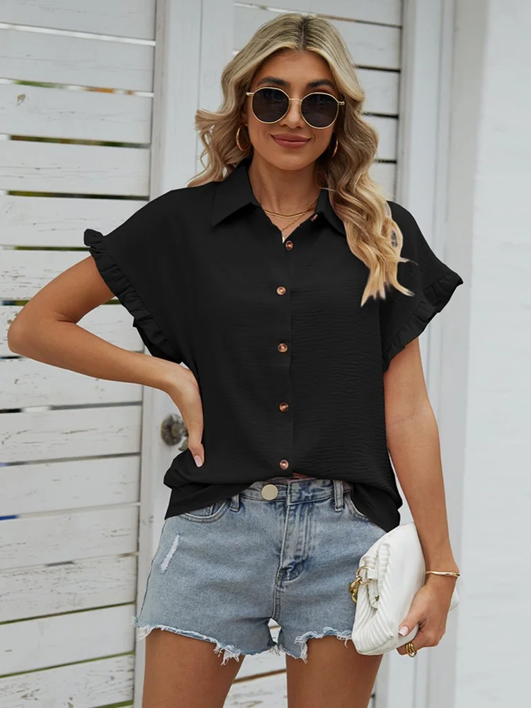 Summer Solid Blouses For Women Fashion 2023 Turn Down Collar Short Sleeve Elegant Plus Size Casual Tops Lady Office Work Shirt