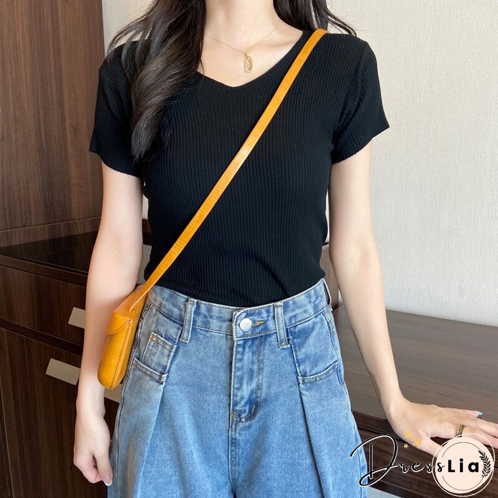 Christmas Gift Summer Short Sleeve Korean Style Sweater V-Neck Knitted Pullover Women Sweaters Basic Thin Tops Pull Femme Jumper