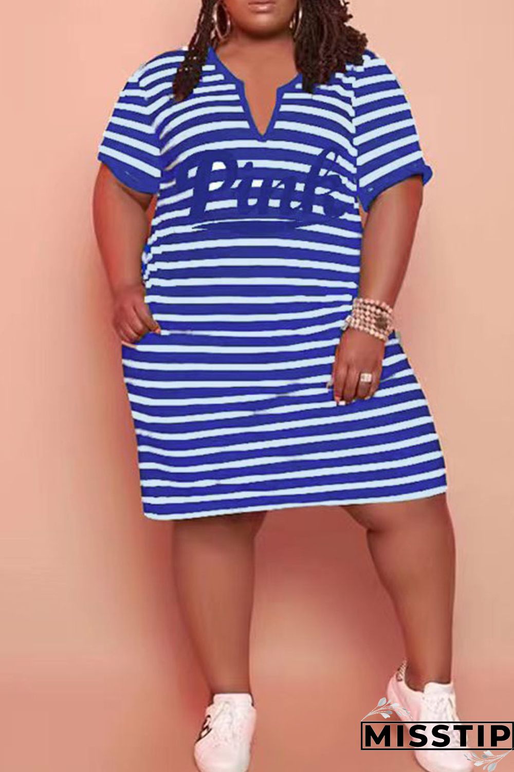 Cyanine Casual Striped Print Patchwork V Neck Straight Plus Size Dresses