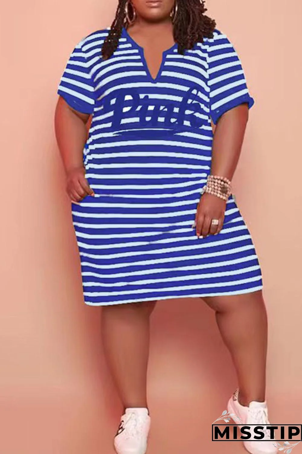 Cyanine Casual Striped Print Patchwork V Neck Straight Plus Size Dresses