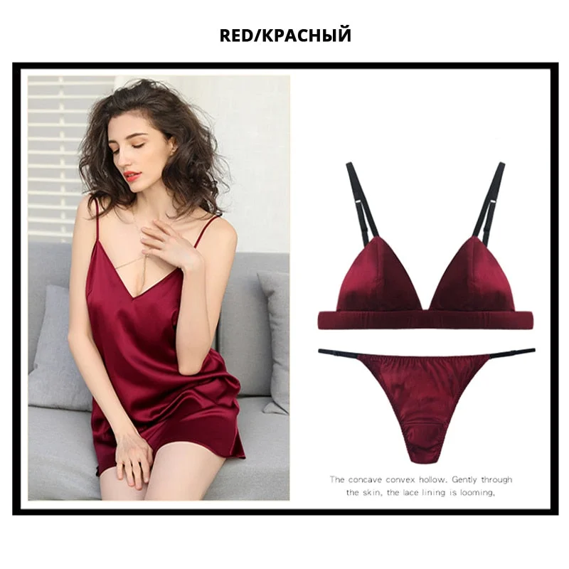 Luxury Silk Lingerie For Ladies Comfort Satin Bralette Wireless Bra Sets Sexy Lace Underwear Women Intimates Green Brief Sets