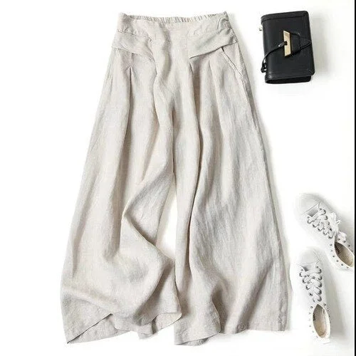 Sonicelife Summer Pants for Women Cotton Linen Large Size Wide Leg Pants Femme Arts Style Elastic Waist Solid Casual Loose Pantalon