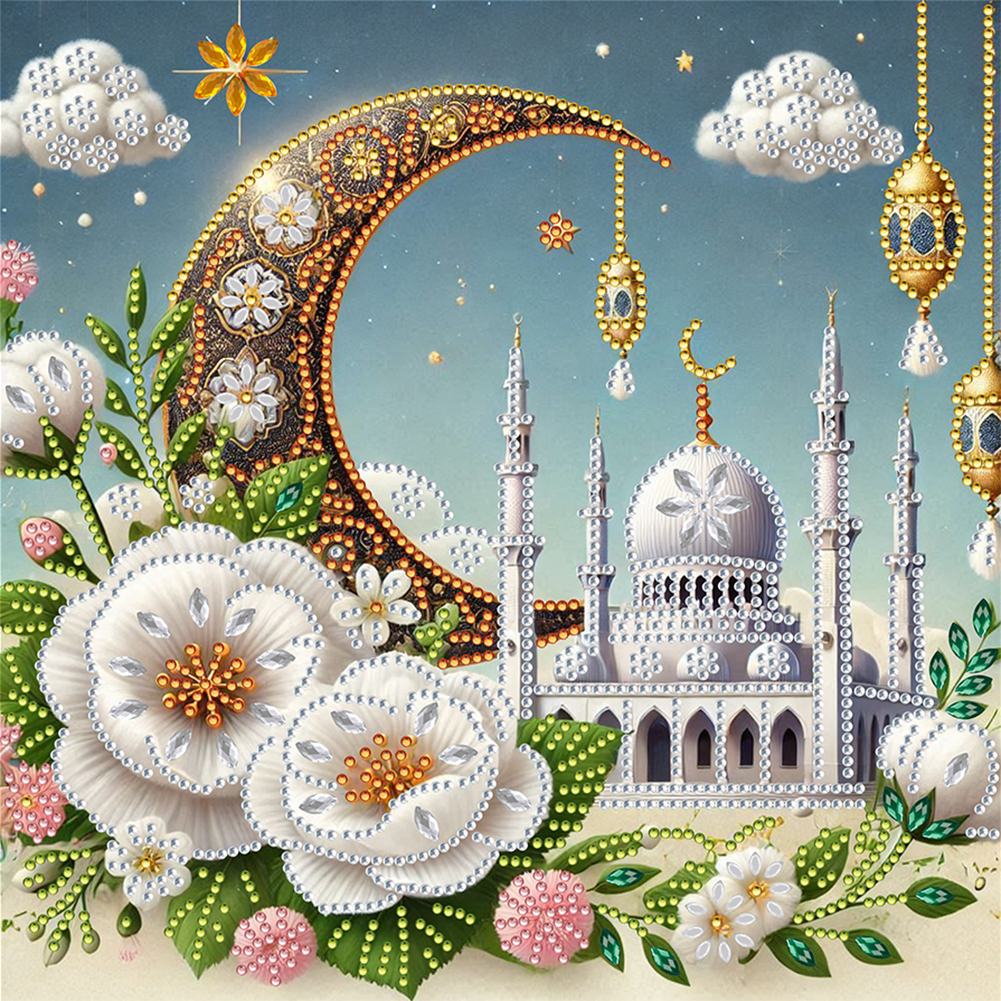 White Flower Crescent Moon Castle 30*30cm(canvas) special shaped drill diamond painting