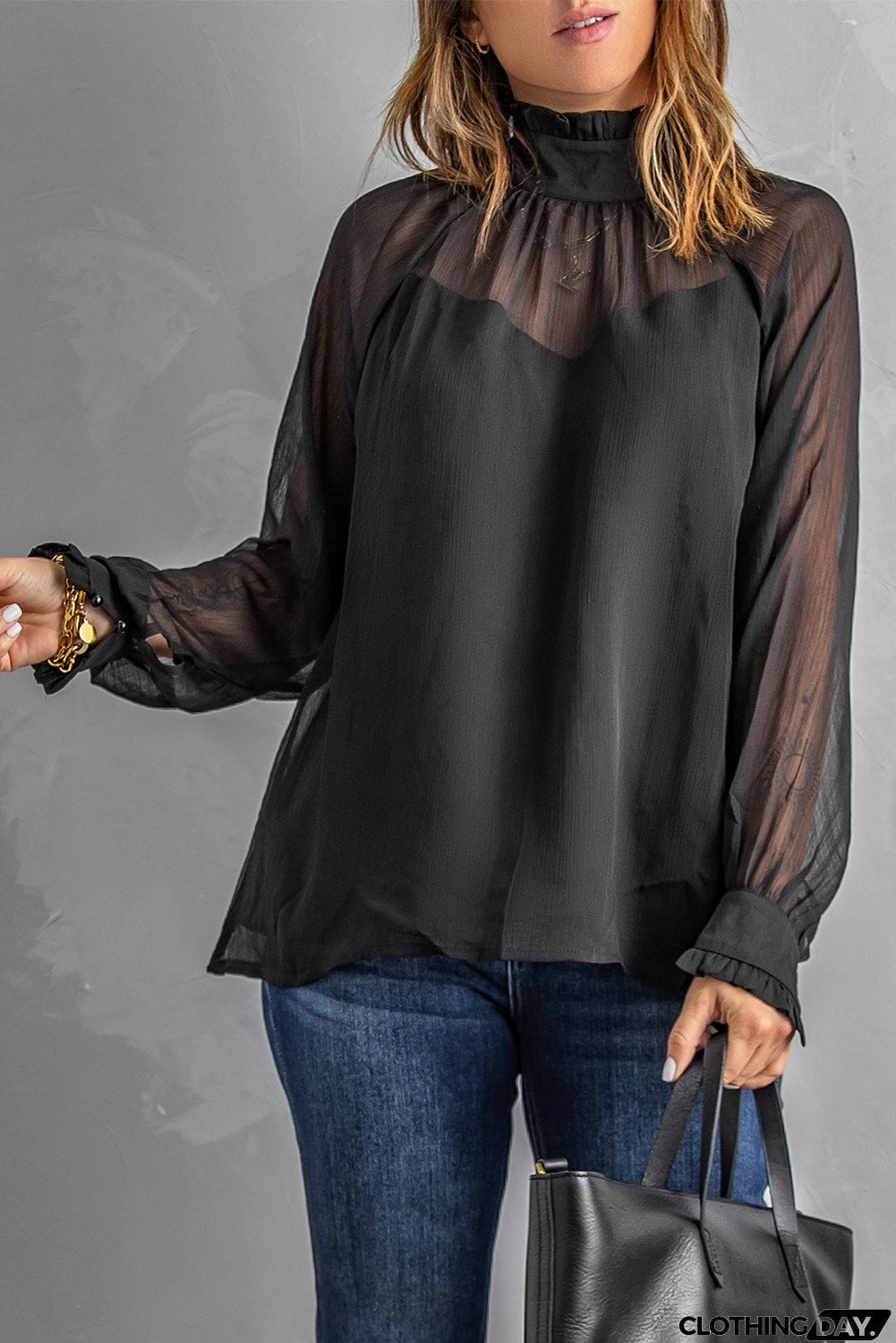 Sheer Ruffled Turtleneck Blouse