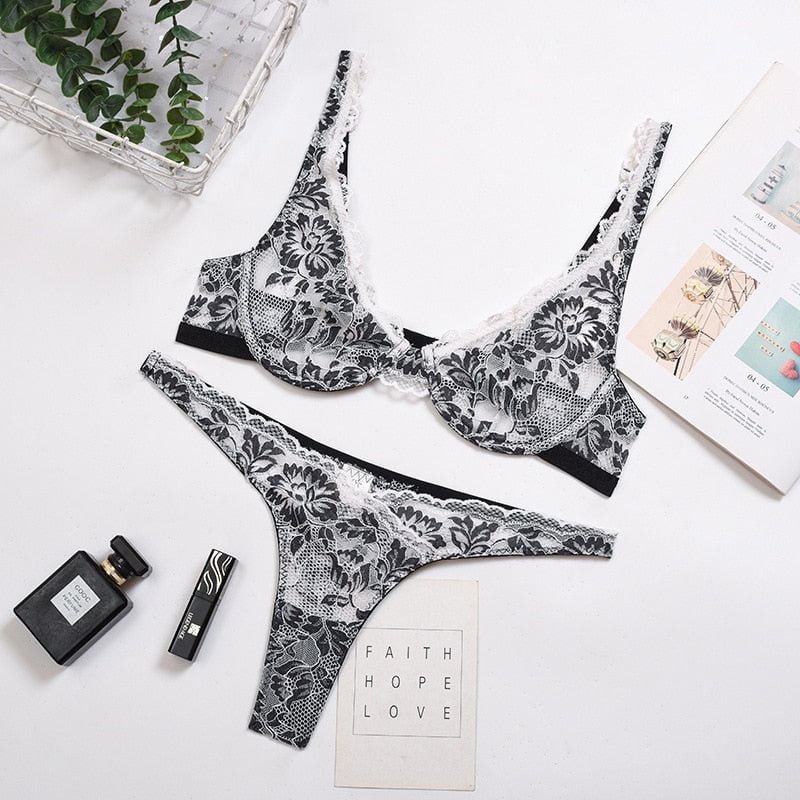 Yimunancy 2-Piece Lace Bra Set Women Bra Underwire + Panty 2021 Summer Lingerie Set  Ladies Sexy Underwear Set