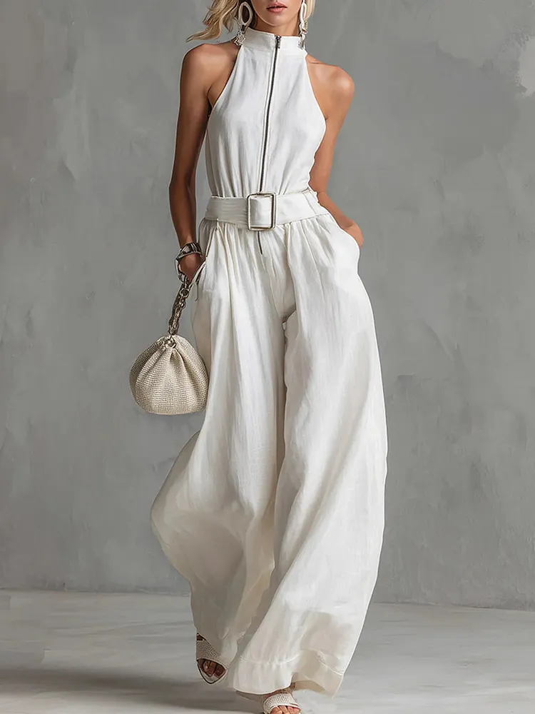 Women's Minimalist Design Cotton-Linen Halter Jumpsuit