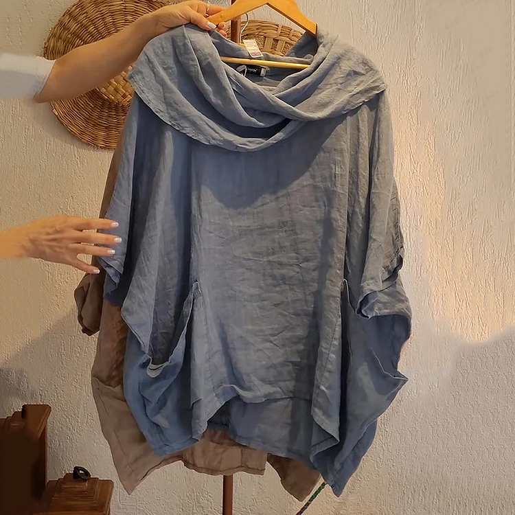 Simpfit Einfarbiges Damen-Oberteil mit drapiertem Hals, 3/4-Ärmeln, vorne und hinten, bequemes, lässiges Leinen-Oberteil mit Taschen