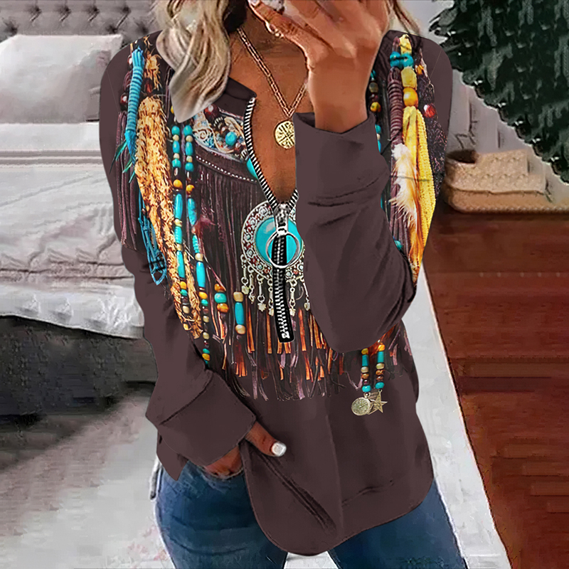  Women's Western Feathers Printed Zipper Casual Sweatshirt Westsshops