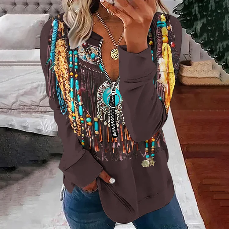 Women's Western Feathers Printed Zipper Casual Sweatshirt