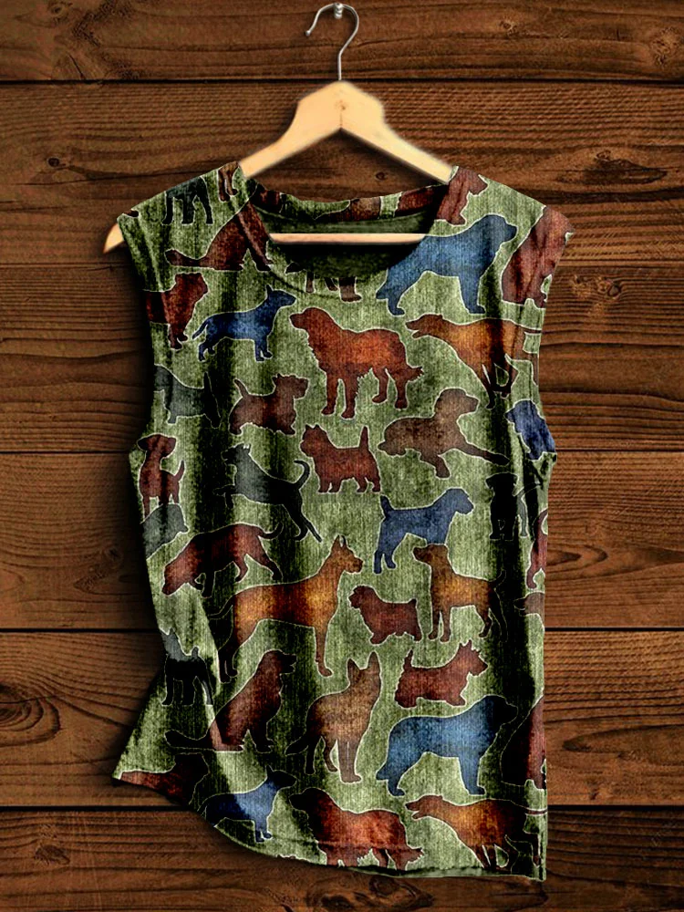 Vintage Dogs Pattern Crew Neck Comfy Tank Top
