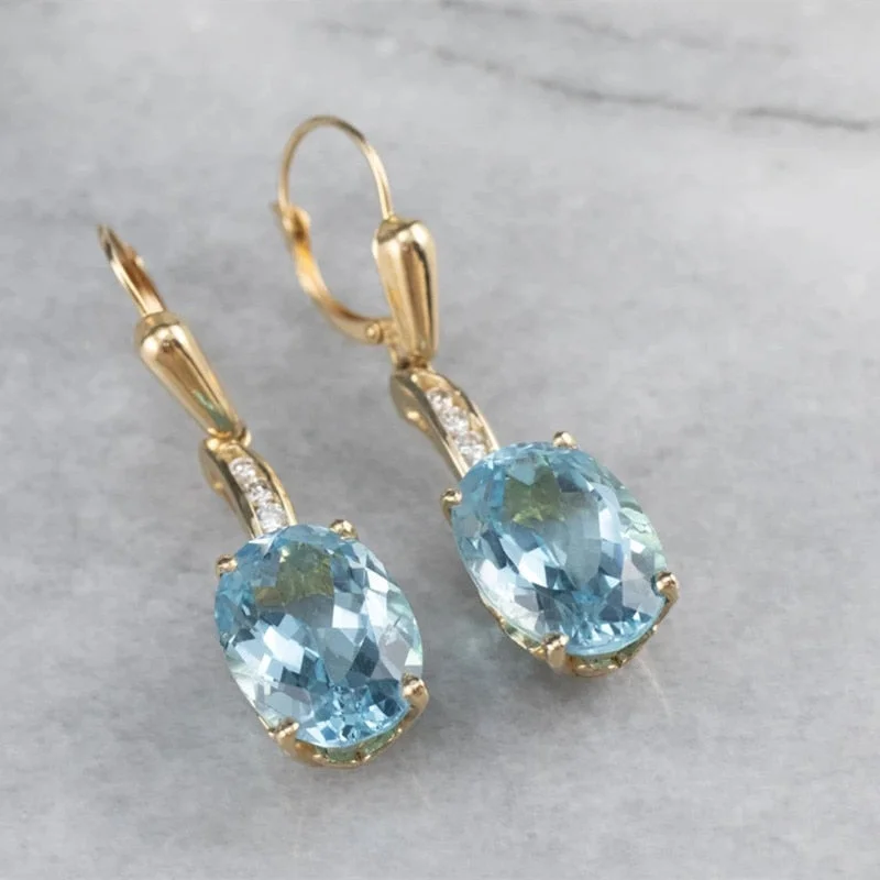 Fashion Gold Color Long Inlay Sea Blue Zircon Drop Earrings Delicate Women's Engagement Wedding Earrings