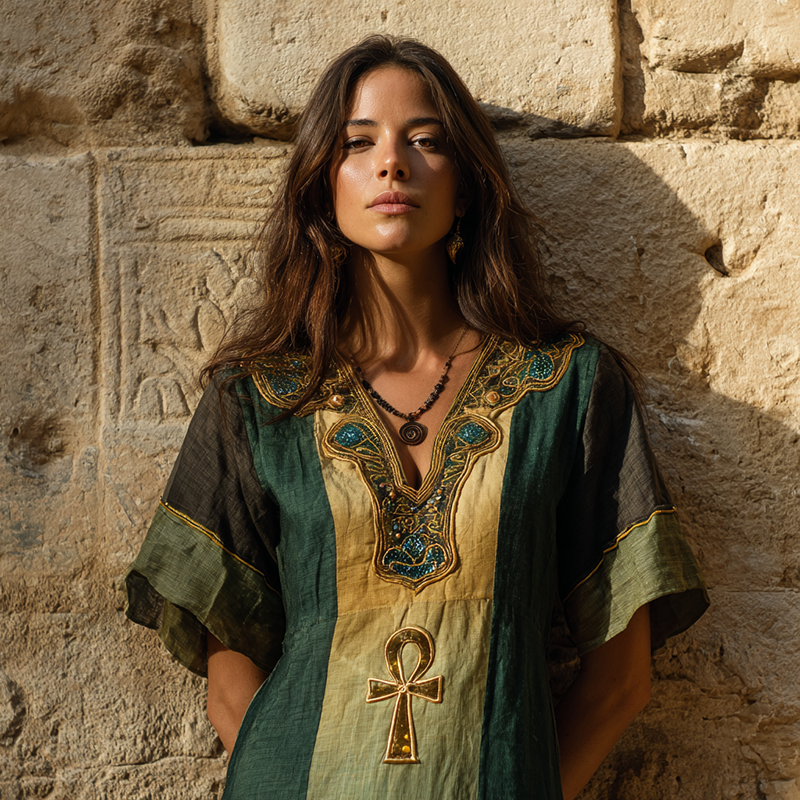Women's Vintage Egyptian Ankh And Lotus Art V-neck Dress