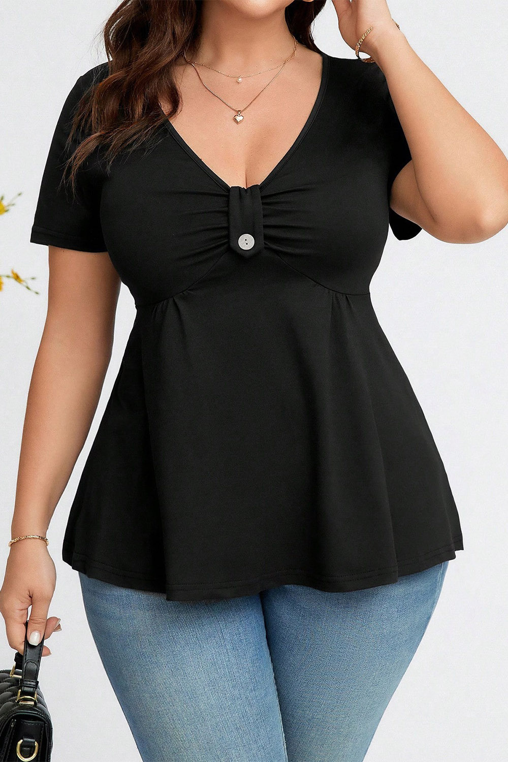 Plus Size Everyday Black Ruched Button Peplum Blouse 2024 - Flycurvy 
