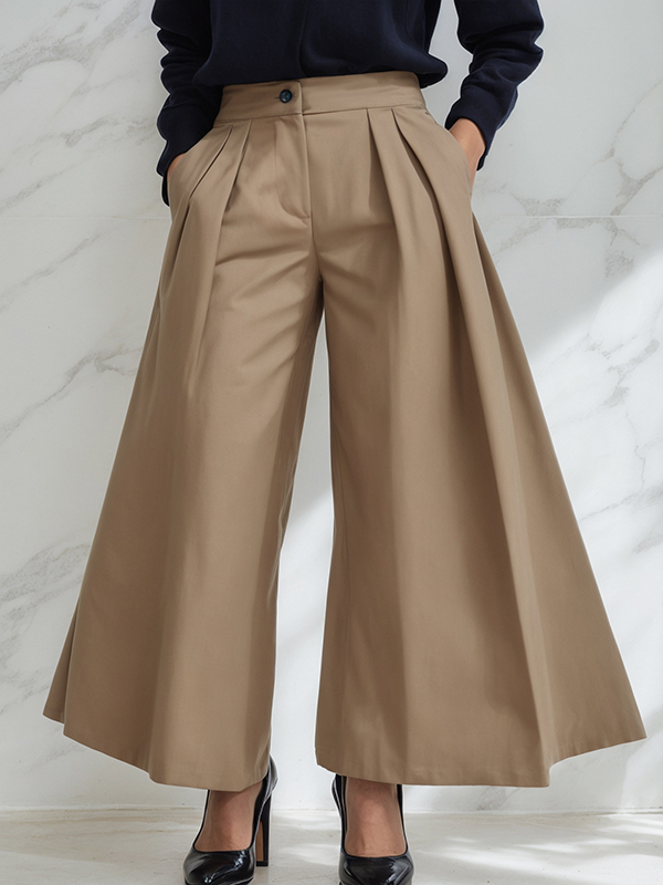 Pleated Solid Color Split-Joint High Waisted Loose Trousers Pants