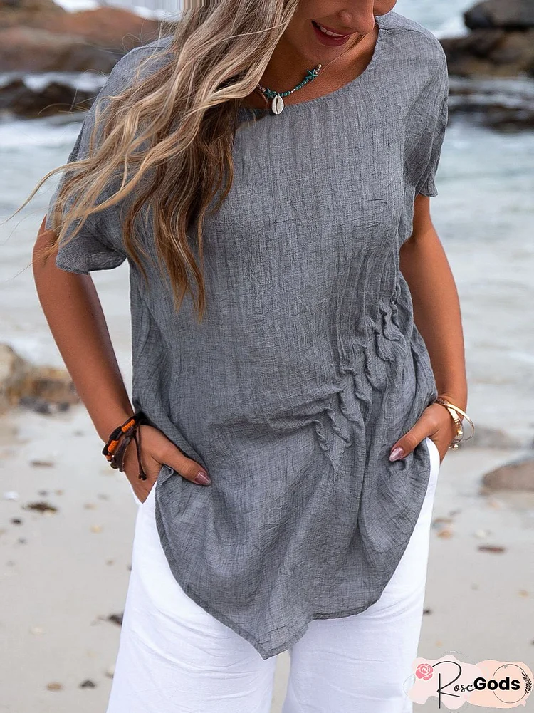 Cotton-Blend Short Sleeve Casual Asymmetric Tops