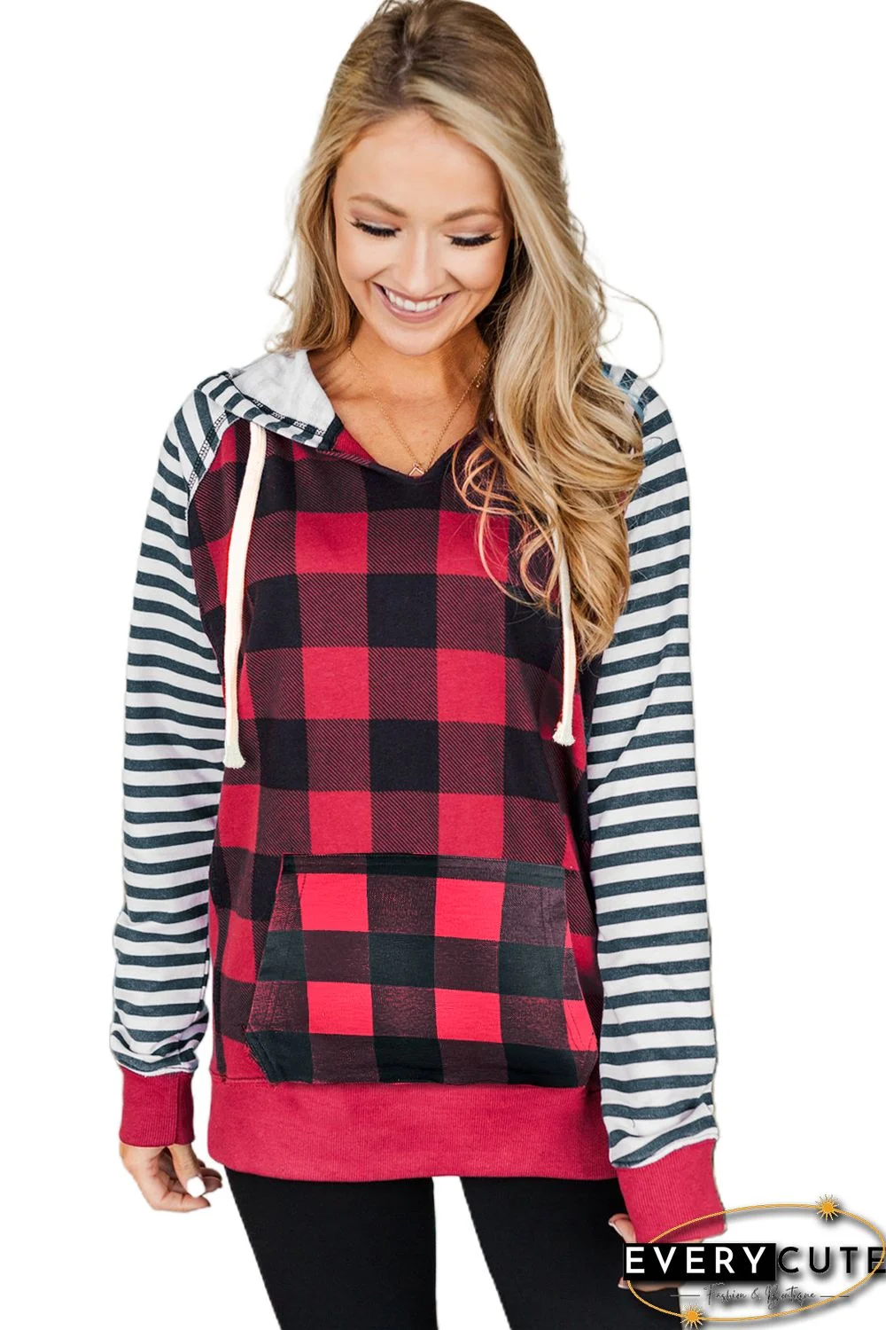 Plaid Print Striped Raglan Long Sleeve Hoodie with Pocket