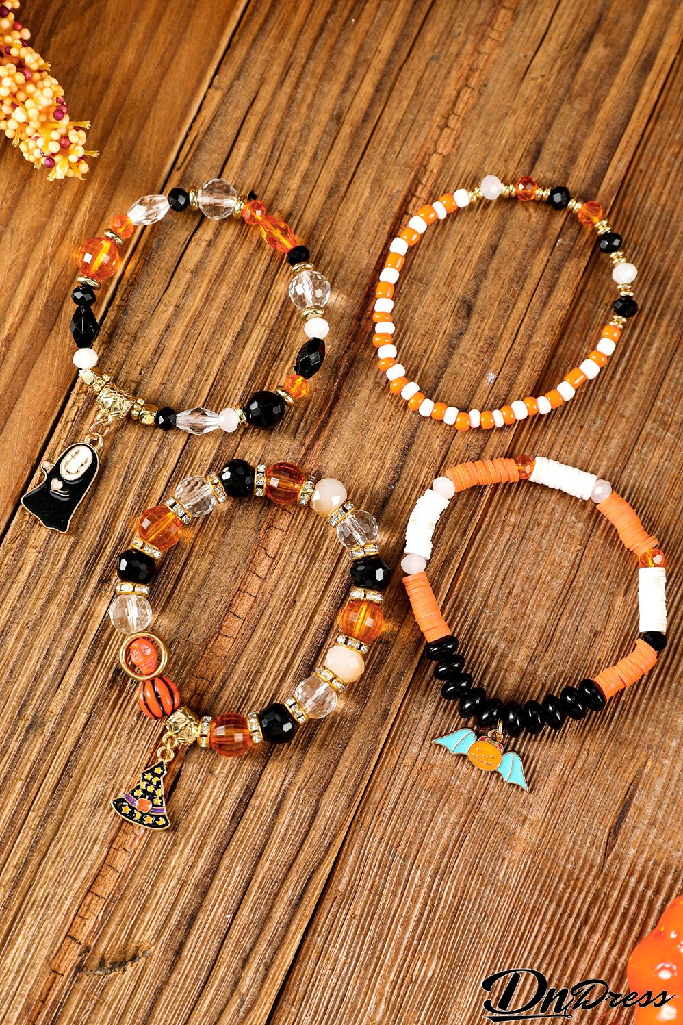 Orange Halloween Pumpkin Ghost Pendant Layered Beaded Bracelet Set