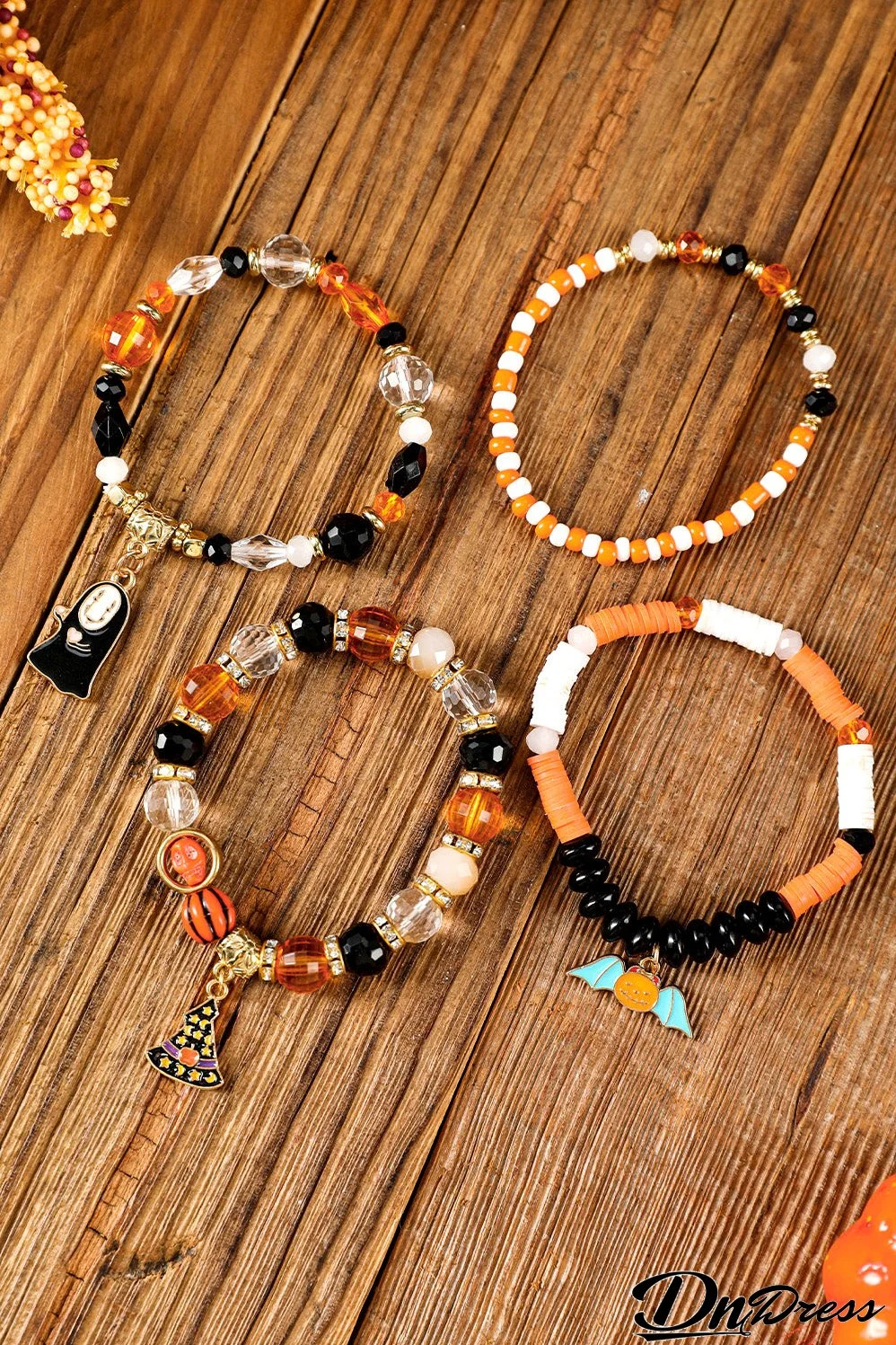 Orange Halloween Pumpkin Ghost Pendant Layered Beaded Bracelet Set